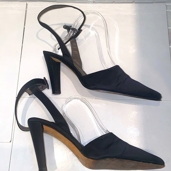 Nine West black satin ankle strap 4” block heels. Pointed toe. Size 7.5. - Picture 1 of 6